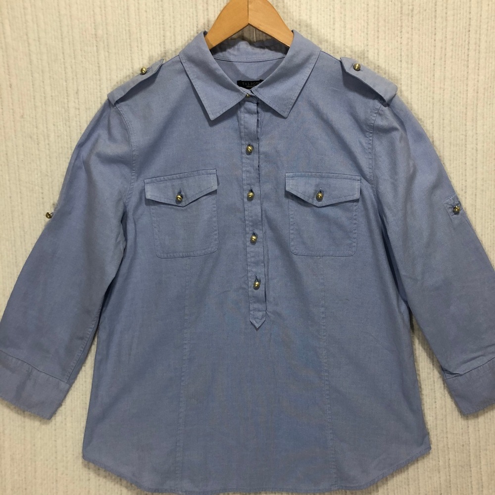Talbots Button Down Shirt 3/4‎ Sleeve Military Style Pockets Blue Women's Size M